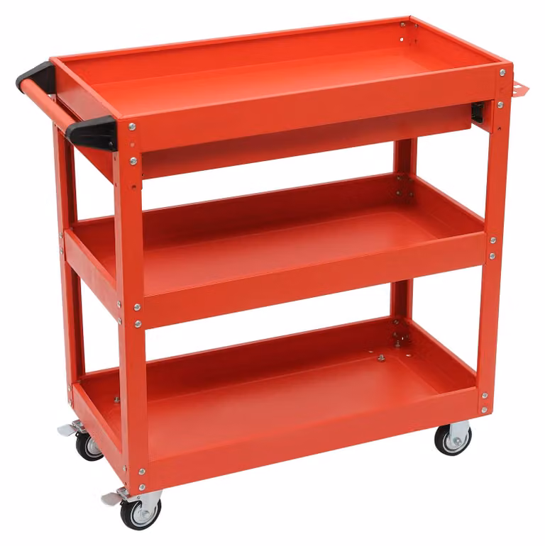 Carrello portattrezzi - 3 ripiani - Capacità di carico 150 kg - Cassetto con serratura - 4 ruote - 2 freni - Colore: rosso