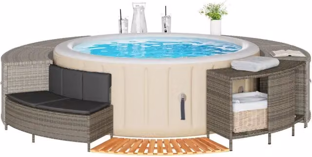Bordo per Spa Grigio in Polyrattan e Legno Massello di Acacia 365613