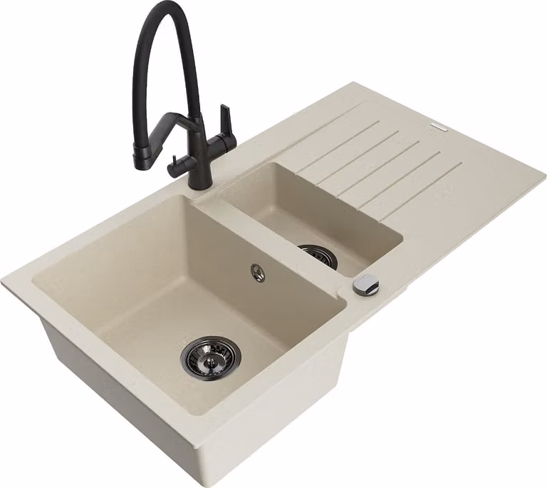 Mexen Matias lavello in granito 1,5 vasche con gocciolatoio e miscelatore da cucina Duo, beige - 6502-69-671701-70-B