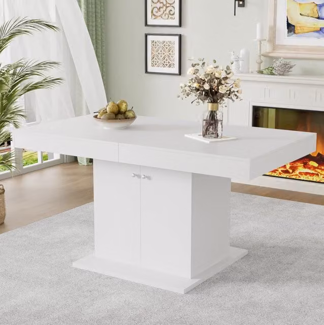 Tavolo da pranzo allungabile 140/180 cm con vano contenitore; pannello truciolare bianco