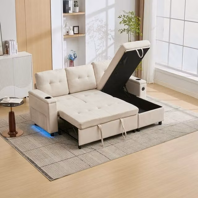 Divano letto pieghevole WISHDOR con contenitore nascosto e luce LED, beige, L: 208 cm, P: 146 cm, H: 89,5 cm