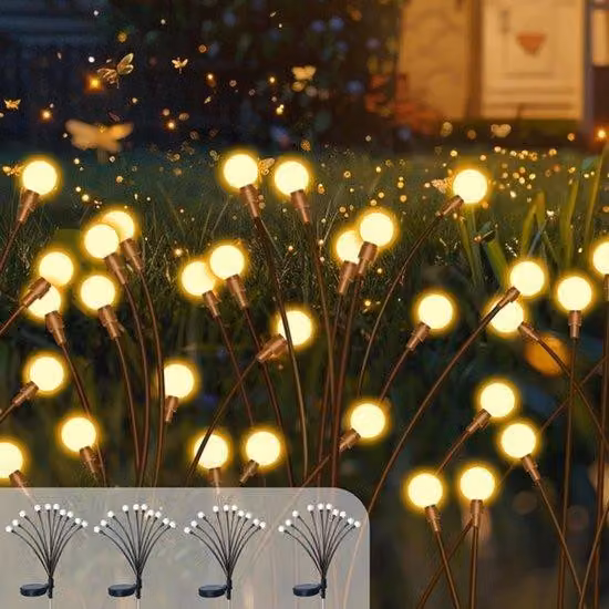 4 Lampade solari a forma di lucciola per esterni, illuminazione decorativa impermeabile per giardino con 10 LED, luci che simulano le lucciole per vialetti, giardini e terrazzi (luce calda)