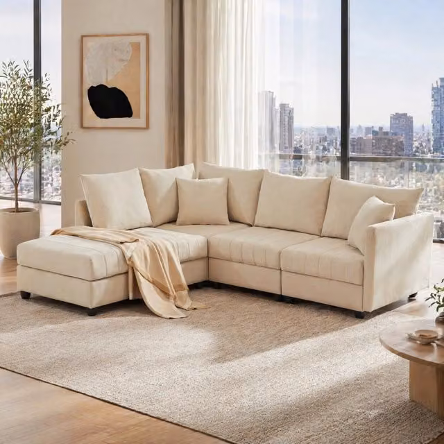 Divano angolare modulare convertibile con pouf mobile e seduta spaziosa in cotone e lino beige 220 × 194 × 85 cm