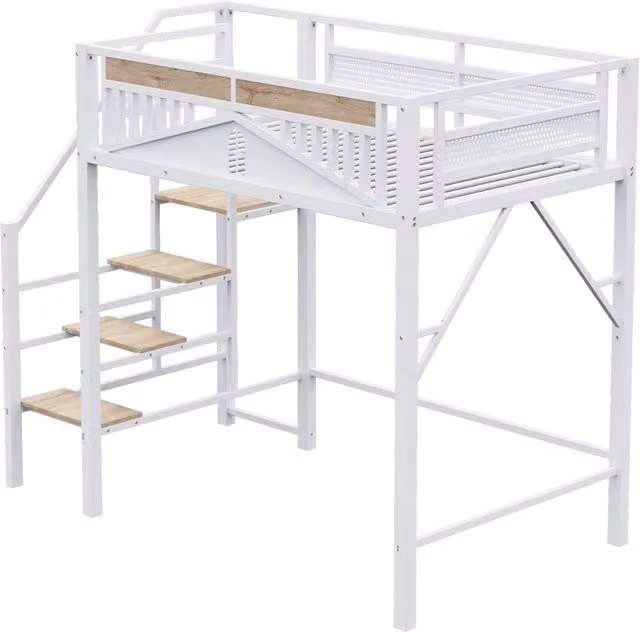 Letto a soppalco matrimoniale Chicfurn bianco con scala di sicurezza e barriera L/P/H: 200 x 140 x 170 cm