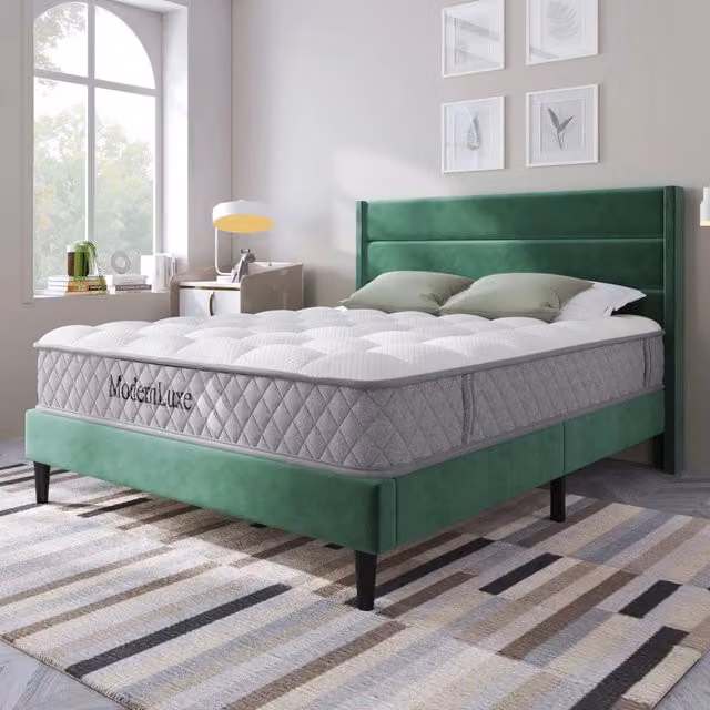 Letto matrimoniale WISHDOR imbottito in velluto verde con contenitore e rete a doghe, L/P/H: 140 x 200 cm – 1