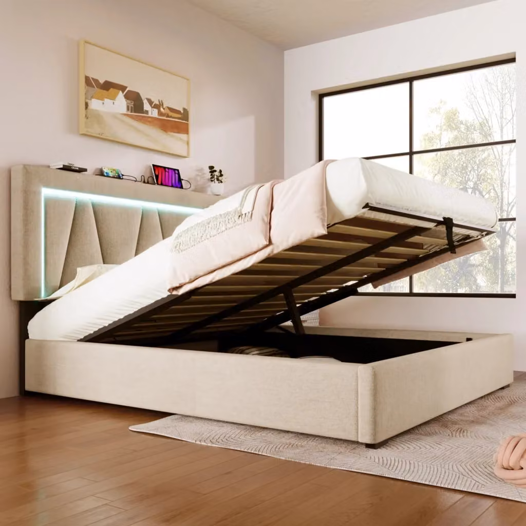 Letto contenitore matrimoniale OKWISH in lino beige con porte USB, Type-C e illuminazione LED, L/P/H: 140 x 200 x 47.2 cm – 2