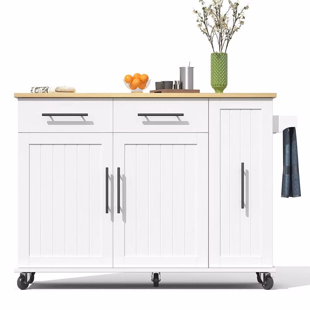 Carrello cucina Xylo moderno in legno e MDF bianco con 3 livelli, 2 cassetti e piano ribaltabile, dotato di ruote, L/P/H: 120 x 51,5 x 90 cm – 2