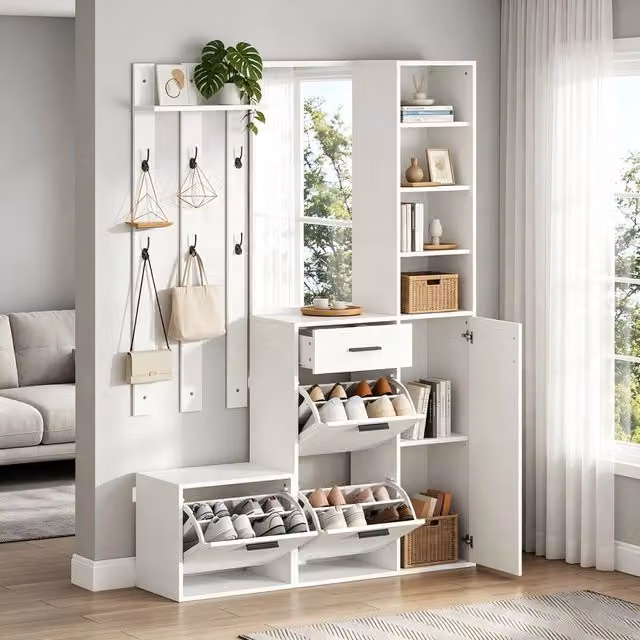 Mobile ingresso multiuso ¨C Minimal ¨C Bianco con specchio, appendiabiti, scarpiera, ripiani salvaspazio