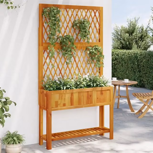 Fioriera con Traliccio-Vaso con Griglia-Fioriera con Supporto per Piante Rampicanti e Ripiano 100x32x185 cm Legno Acacia