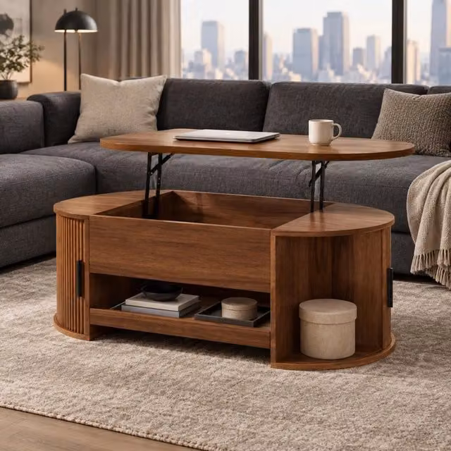 Tavolino da caffè in MDF noce con funzione alzata, ripiani estraibili e ante scorrevoli laterali, design moderno con struttura a scanalature