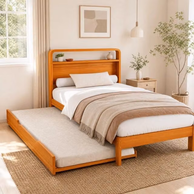Letto estraibile 90 × 200 cm con letto ospite 90 × 190 cm, montaggio a sinistra o destra, senza materasso, in legno naturale