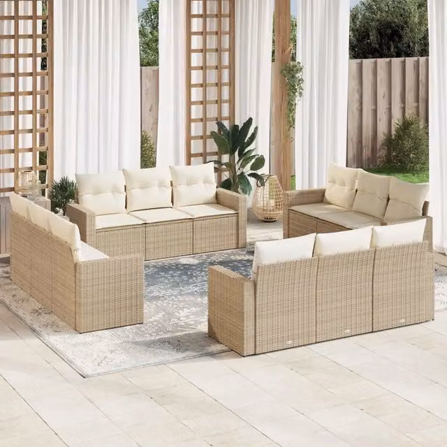 Set di divani da giardino VIDAXL in polyrattan a forma di U con 12 pezzi e cuscini beige – 1