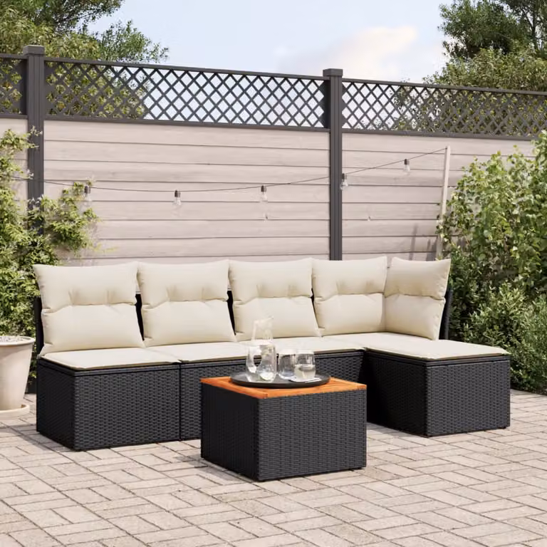vidaXL Set Divano da Giardino 6 pz a L con Cuscini in Polyrattan e Legno di Acacia Nero