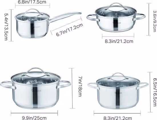 Set di 4 pentole Jemaison in acciaio inossidabile color argento con coperchi in vetro, adatto per induzione