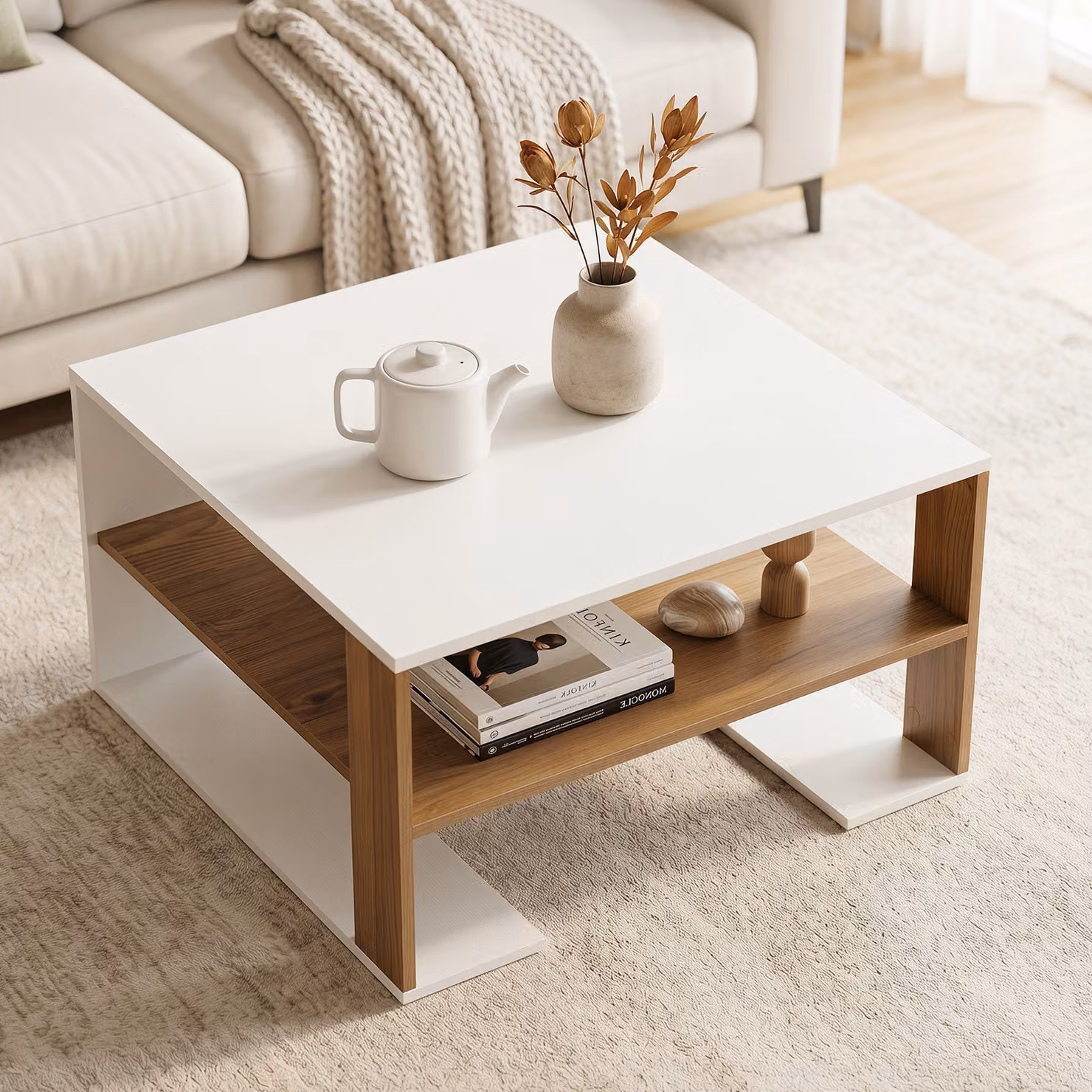 Tavolino da caffè quadrato Costway in legno bianco con vano portaoggetti moderno per soggiorno o ufficio