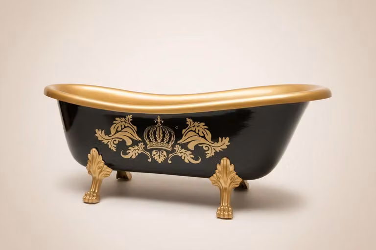 Pompöös by Casa Padrino Vasca da bagno Deluxe di Harald Glööckler 147 x 71 x 72,5 cm con piedi di leone dorati, autoportante, nero/oro/nero
