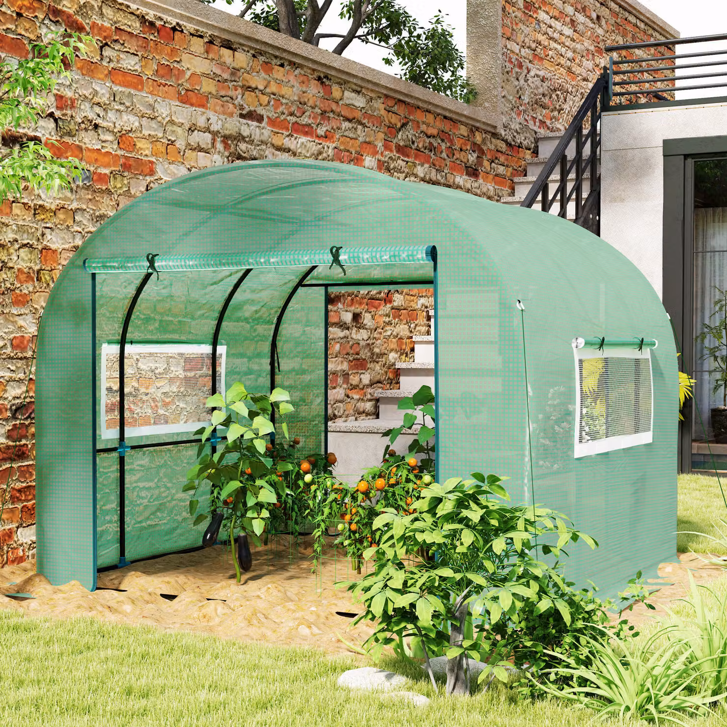 Outsunny Serra a Tunnel per Orto in Acciaio e PE Anti UV con Porte Avvolgibili e Finestre, Verde, L/P/H: 300 x 300 x 200 cm – 2