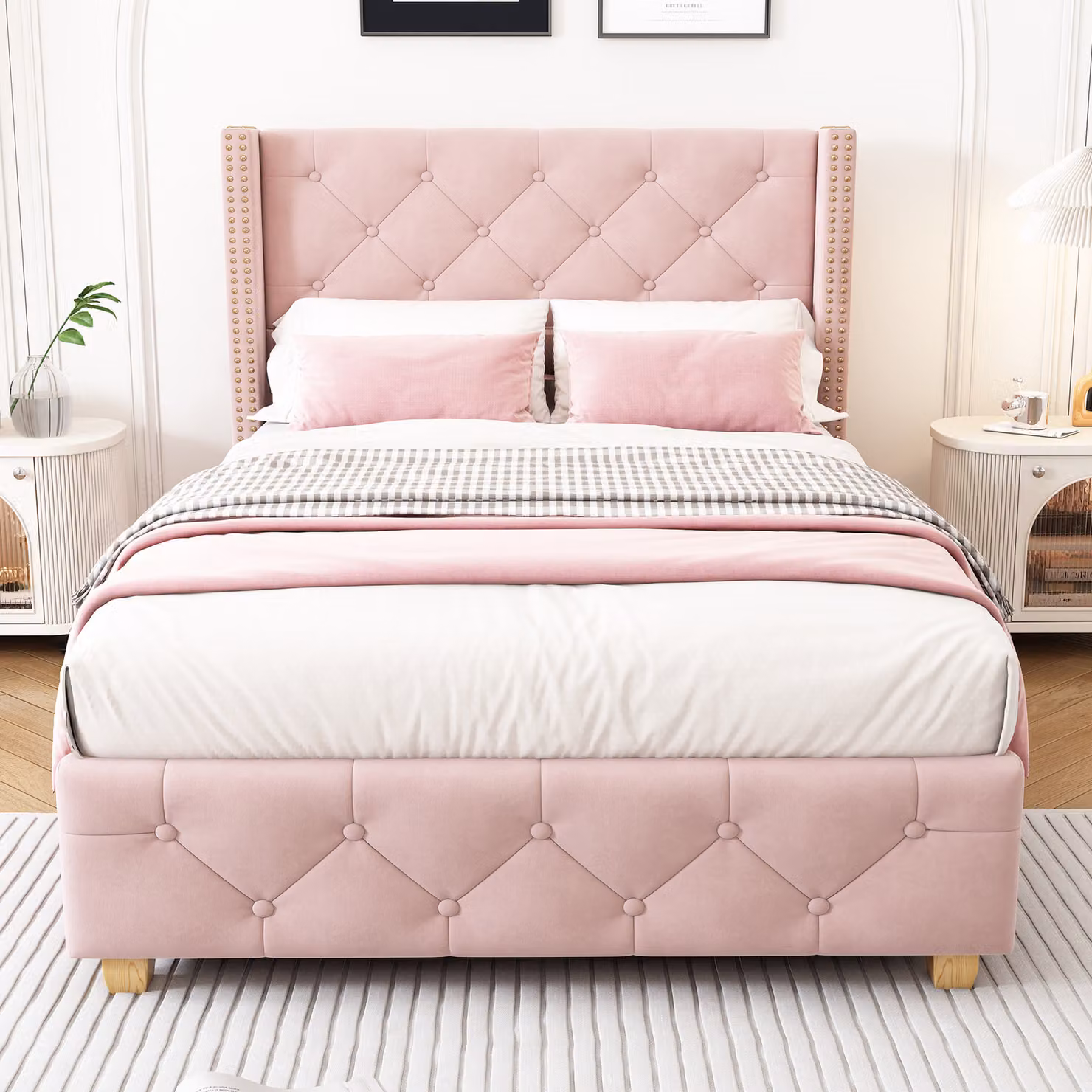 MODFU Letto imbottito 90 x 200 cm per ragazzi, completo di rete e testiera, letto singolo per bambini con gambe in legno, struttura del letto, rivestito in velluto, colore rosa (senza materasso)