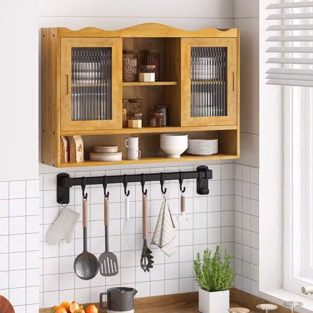 Pensile 90x20x60 cm con ante scorrevoli e ripiani rimovibili in legno e vetro naturale