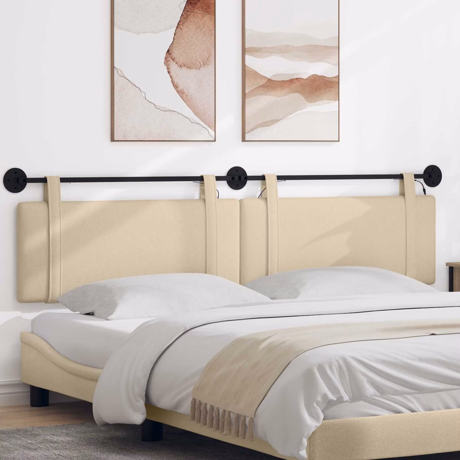 Testiera sospesa moderna vidaXL in tessuto beige con illuminazione integrata L: 210 cm, H: 55 cm, P: 5 cm