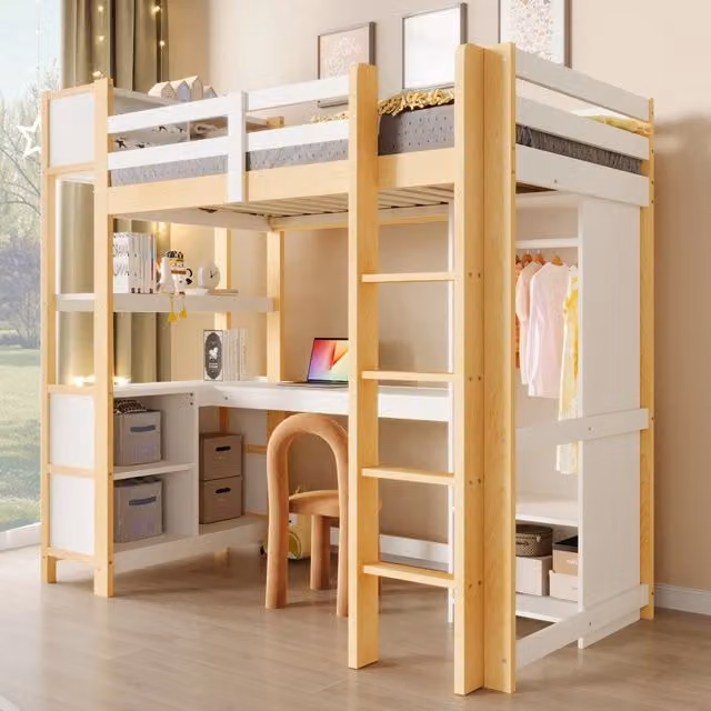 Letto a castello con scrivania e armadio - Zephmum- 90x200 cm, scaffali, senza materasso, colore naturale