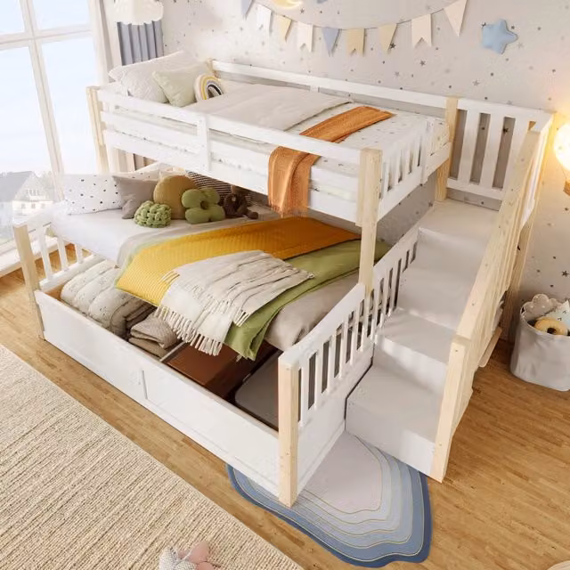 Letto a castello 90 × 200 cm e 140 × 200 cm con vano idraulico, scala contenitore e barriere, senza materasso