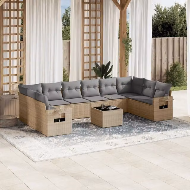 Set di Divani da Giardino vidaXL 11 Pezzi in Polyrattan con Cuscini Beige e Grigio e Tavolino da Esterno – 1
