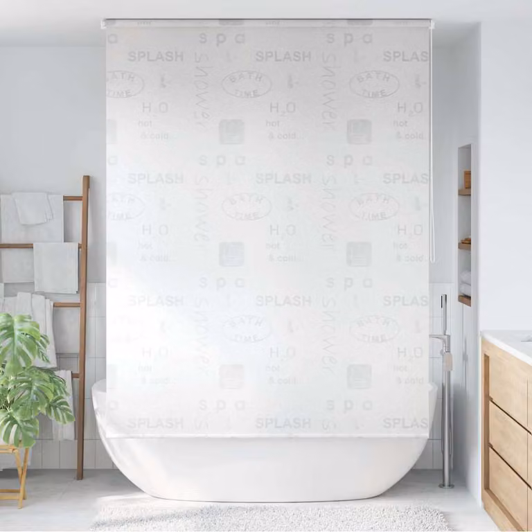 Tenda a Rullo per Doccia vidaXL con Scritta Splash, Grigia e Bianca, L 140 x H 240 cm