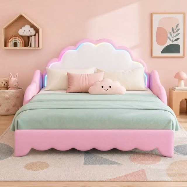Letto divano 140 x 200 cm trasformabile con testiera LED; PU rosa