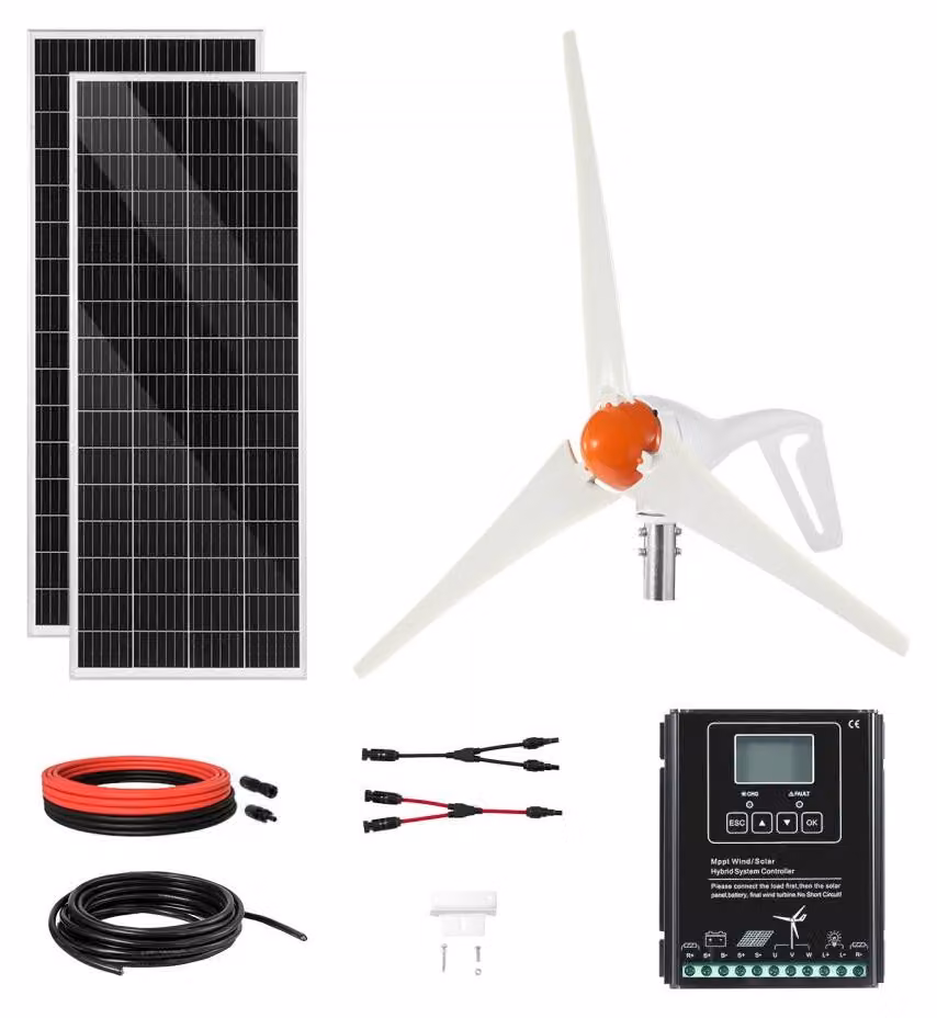 Kit pannelli solari ibridi da 12V, 400W - 2 pannelli solari monocristallini da 100W ciascuno - Turbina eolica da 200W