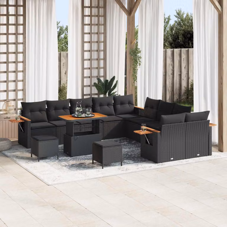 Set Divano da Giardino vidaXL 17 Pezzi Nero con Cuscini e Tavolino in Polyrattan e Acciaio