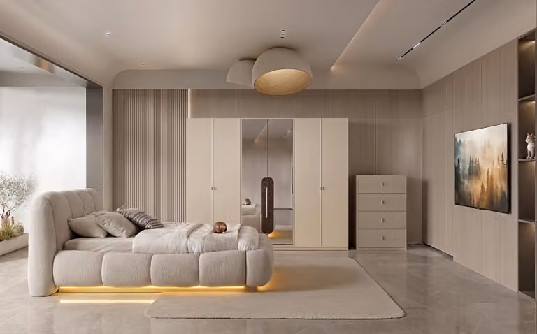 Set per camera da letto: letto, armadio, comodino. Colore beige, design moderno, elegante