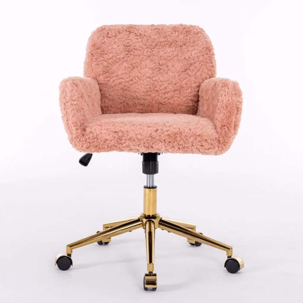Sedia da trucco rosa con pelliccia sintetica, sedia da ufficio girevole a 360 gradi con braccioli e base in metallo – 2