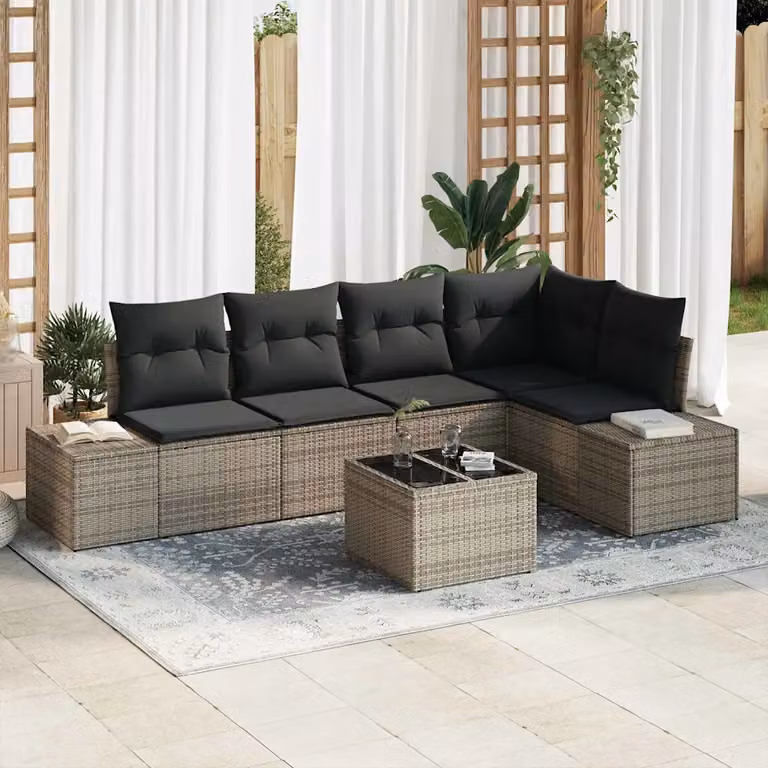 Set Divano da Giardino a L vidaXL in Polyrattan Grigio con Cuscini e Struttura in Legno di Acacia