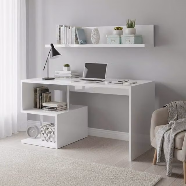 Scrivania DMORA Atemis per computer in MDF bianco lucido L: 140 cm, P: 60 cm, H: 78 cm – 1