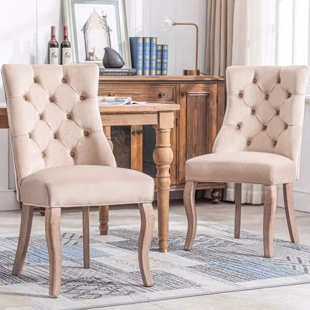 Sedia da pranzo 2 pezzi con schienale alto, bottoni decorativi, in velluto e legno di gomma beige, 97 × 51 × 47 cm
