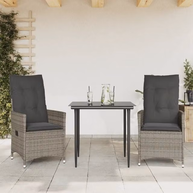 Set di 2 sedie da giardino reclinabili con braccioli in polyrattan grigio e cuscini in tessuto