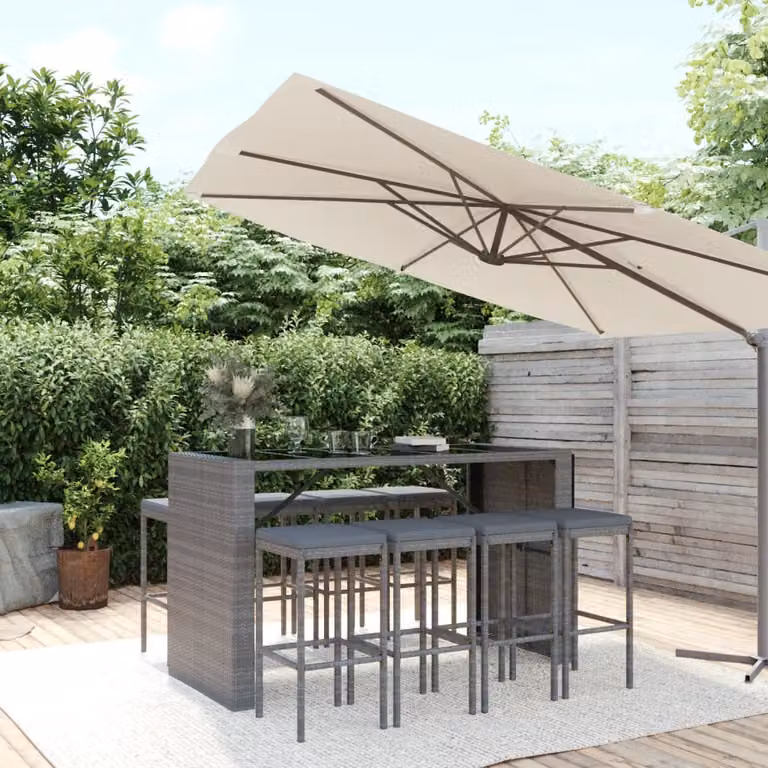 Set Bar da Giardino vidaXL in Polyrattan Grigio e Nero con 9 Pezzi e Cuscini