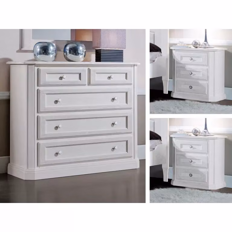 Set composto da cassettiera e due comodini in legno stile shabby chic bianco lacca Mobili 2G L/P/H: 116 x 51 x 101 cm e 60 x 40 x 51 cm