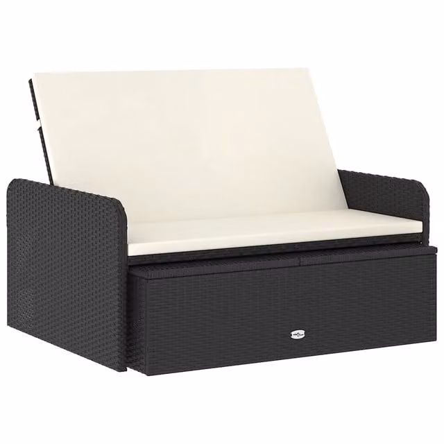 Set Salotto da Giardino Moderno in Polyrattan Nero con Divano a 2 Posti, Ottoman e Cuscini Bianchi