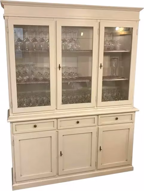 Cristalliera in legno di pino stile shabby chic bianco anticato con ante in vetro Mobili 2G L/P/H: 156 x 42 x 205 cm