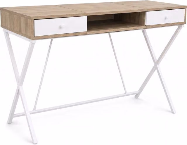 Scrivania PC industriale Crossline AKORD FURNITURE FACTORY in rovere e bianco con gambe a X in metallo