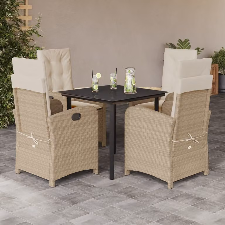 Set da Pranzo da Giardino vidaXL in Polyrattan con Cuscini Beige e Tavolo in Vetro 5 Pezzi