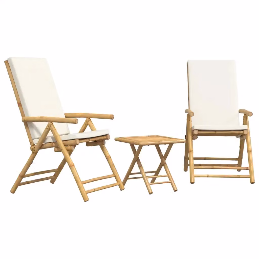 Set da Bistrot Pieghevole 3 pz vidaXL in Bambù Bianco e Beige con Cuscini – 2