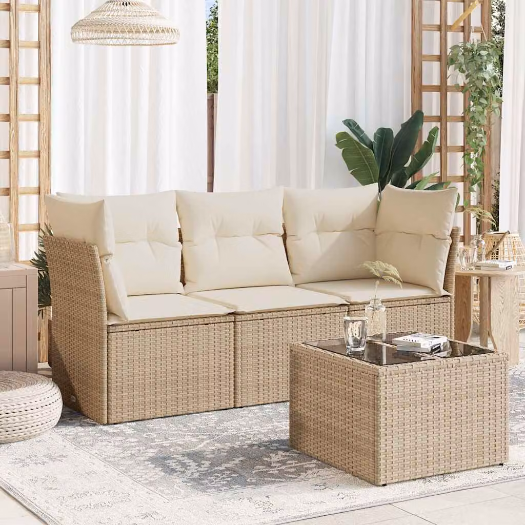 Set Divano da Giardino a L vidaXL con Tavolino e Pouf, Colore Beige e Bianco, in Polyrattan e Acciaio Verniciato a Polvere