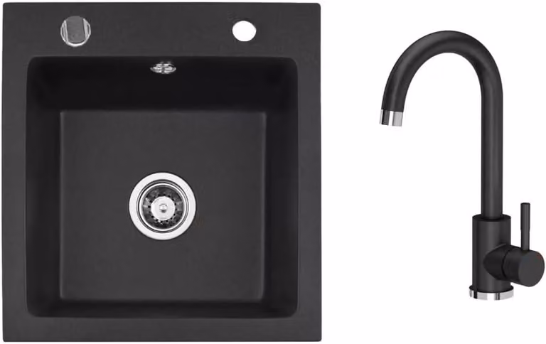 VBChome Lavello in granito 50 x 48 cm Nero con rubinetteria Lavello da incasso a vasca singola Spruzzato Lavello di facile manutenzione con sifone Ideale per cucine piccole