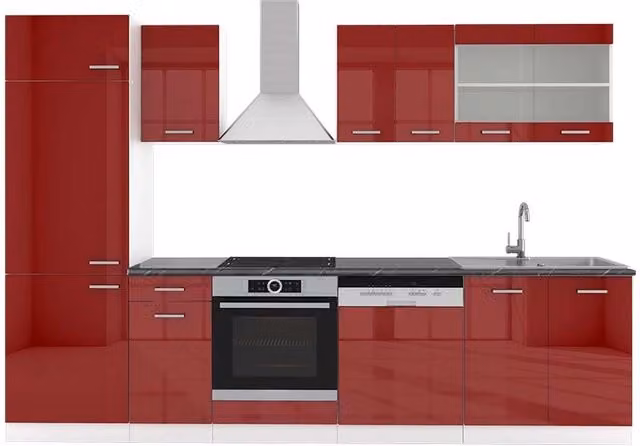 Cucina componibile moderna R-Line Vicco, Rosso lucido e Bianco con piano Antracite, L: 300 cm