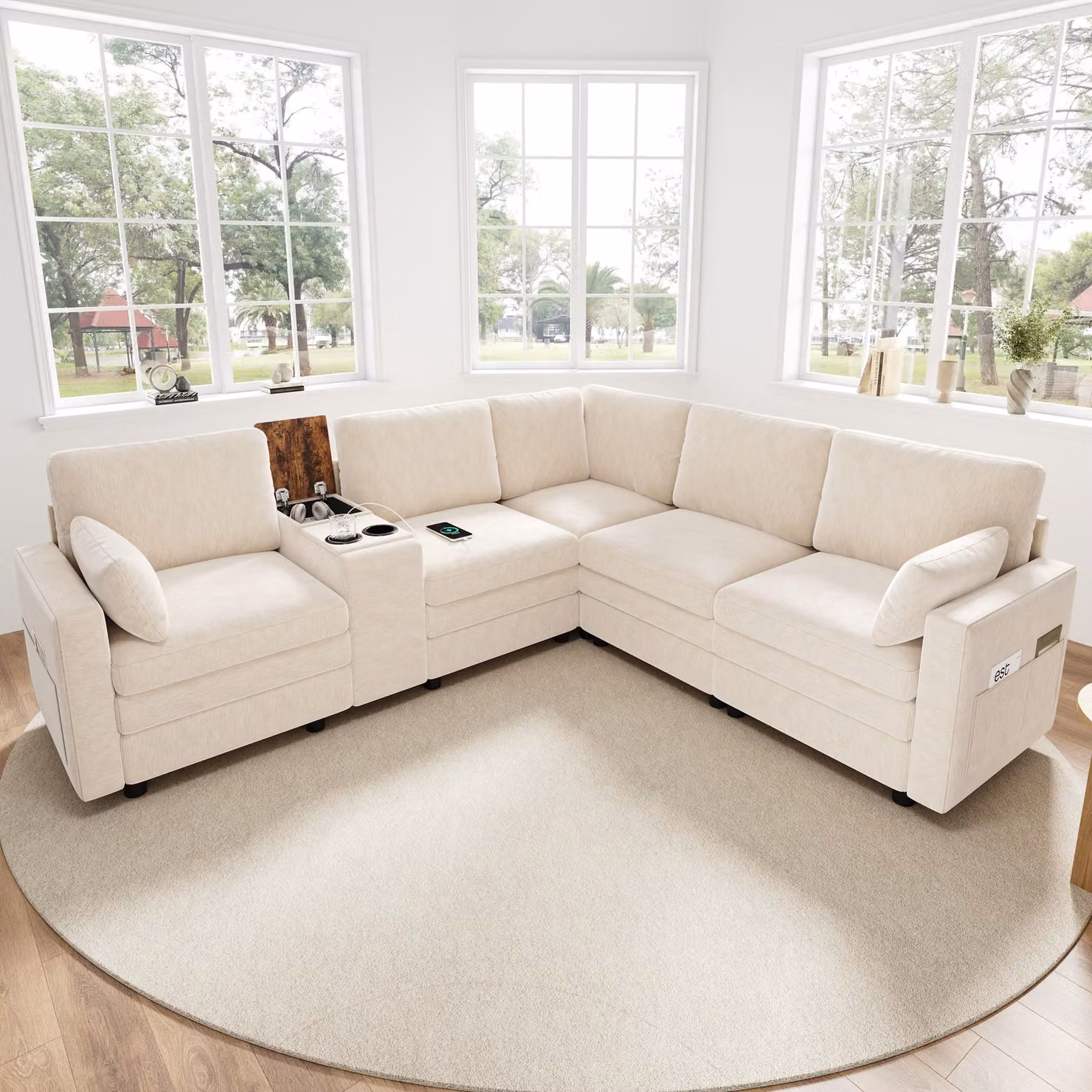 Divano angolare Merax a 5 posti, grande divano Cloud a forma di L, con console centrale, porte USB e portabicchieri, console reversibile con vano portaoggetti, divano letto, beige