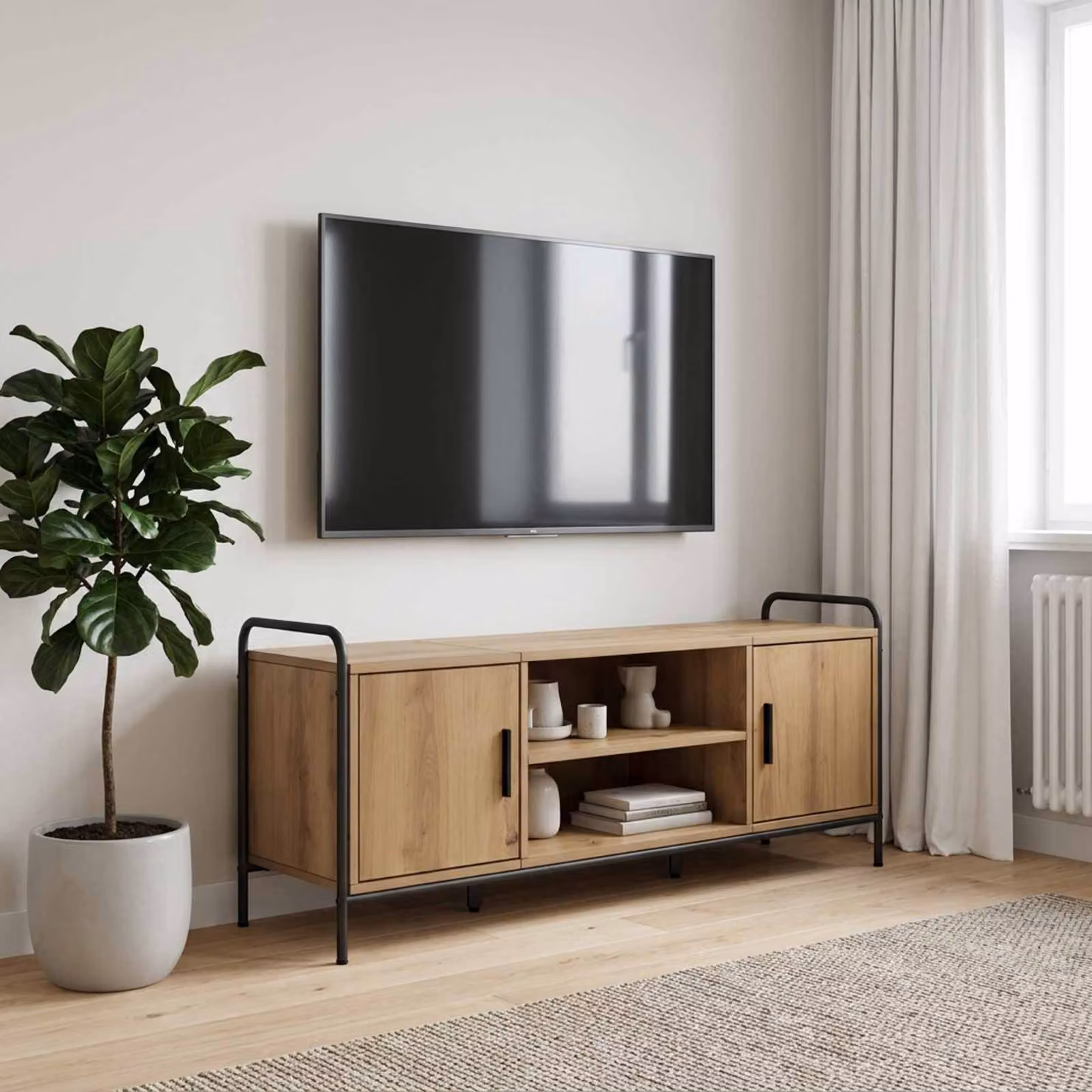 Mobile TV vidaXL in Rovere Artigianale e Metallo, Marrone, L 133 x P 33 x H 50 cm