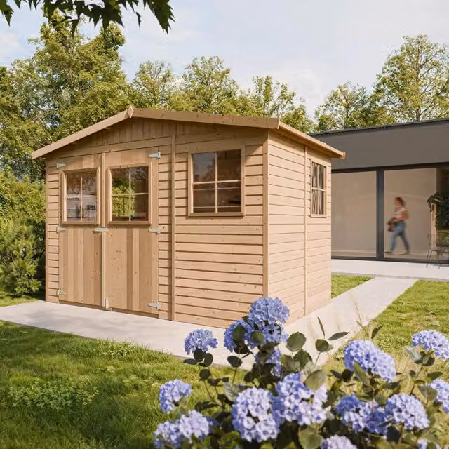 Casa da giardino in legno naturale TIMBELA M334 colore marrone L: 226 cm, P: 216 cm, H: 324 cm